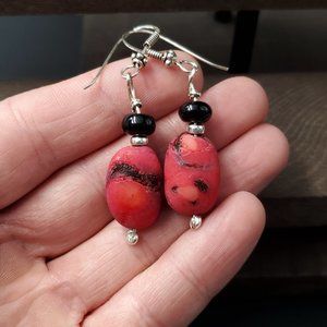 Sterling Silver Unique Red Shell And Black Stone Earrings